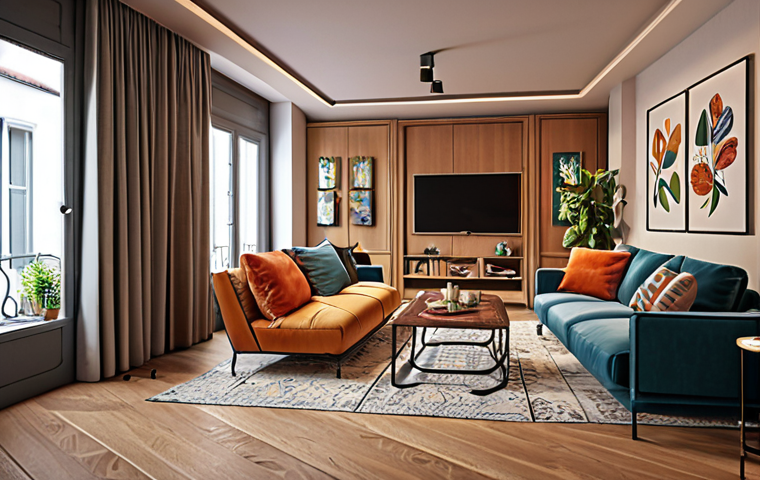 A cozy and personalized apartment living room with custom-designed furniture, reflecting the owner's personality, featuring comfortable seating, pleasing colors, and unique decorative elements.